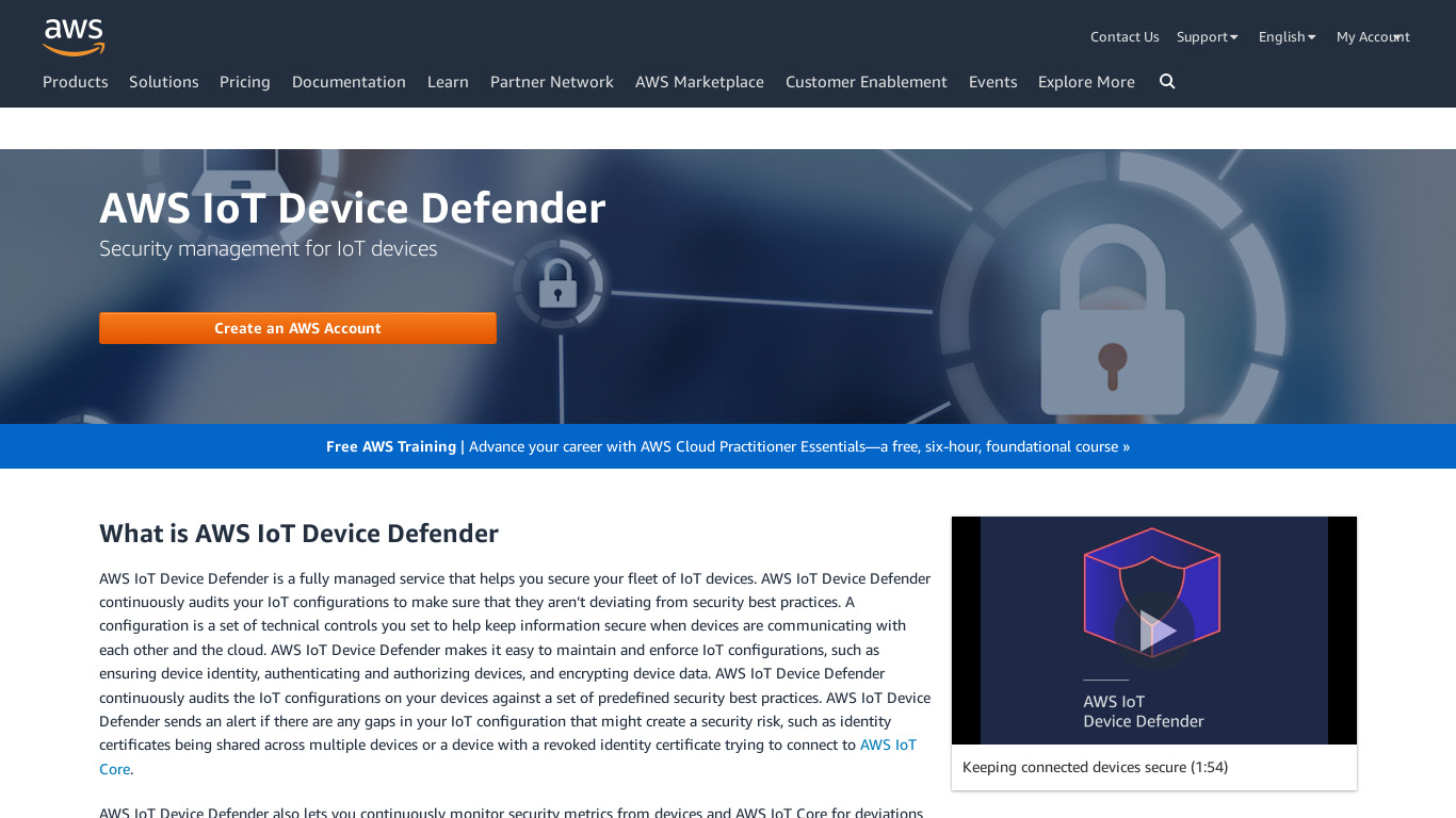 AWS IoT Device Defender Landing page