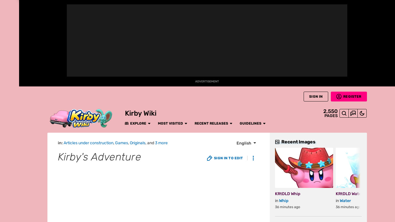 Kirby’s Adventure Landing page