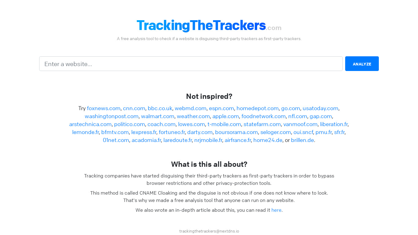 TrackingTheTrackers.com Landing page
