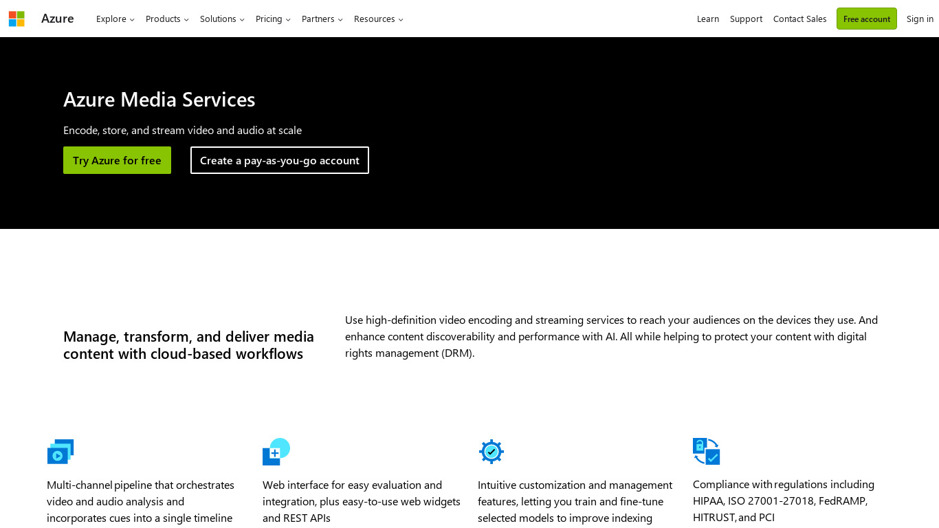 Azure Media Services Landing page