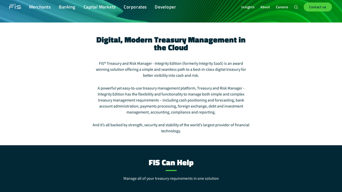 Integrity SaaS Treasury Management Landing page