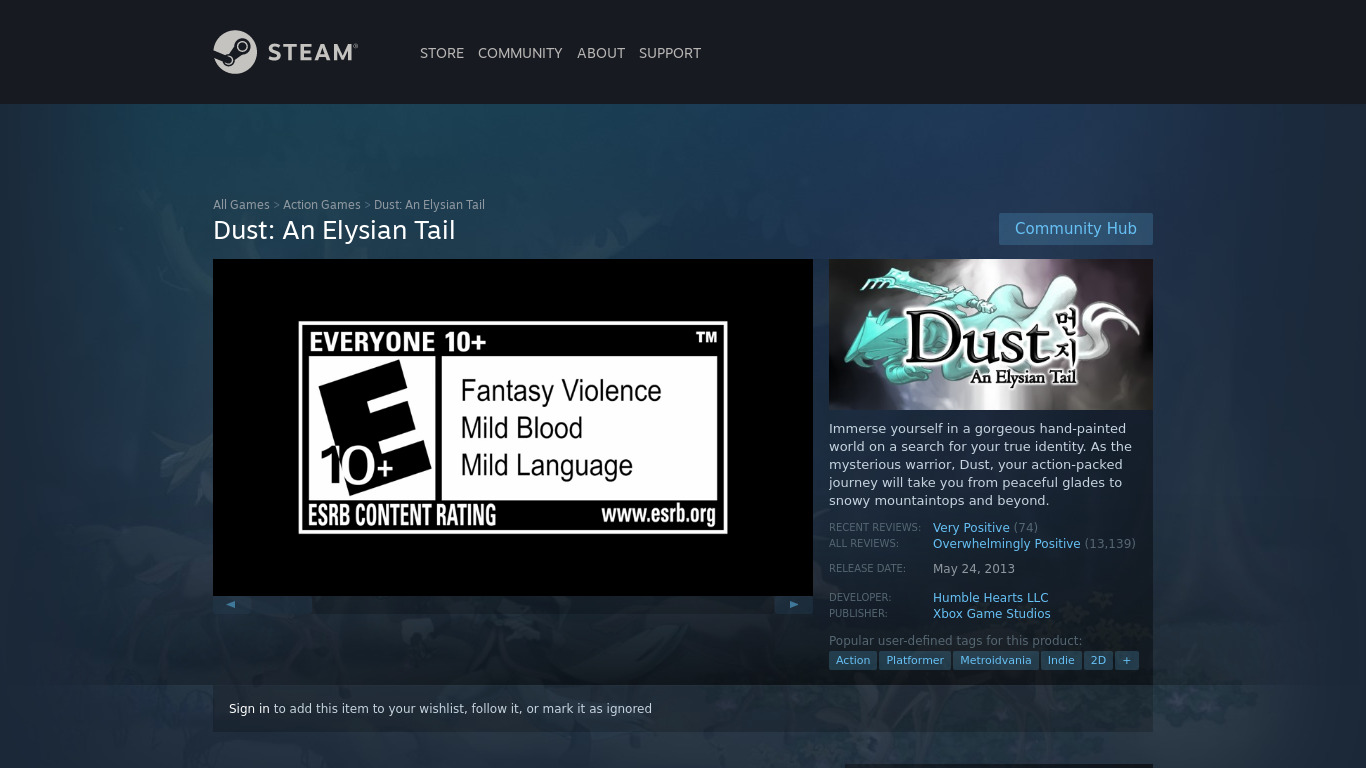 Dust: An Elysian Tail Landing page