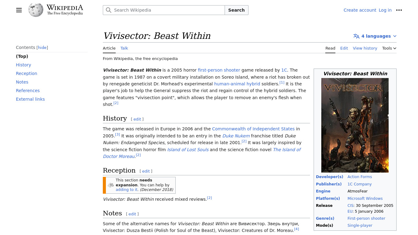 Vivisector: Beast Within Landing page