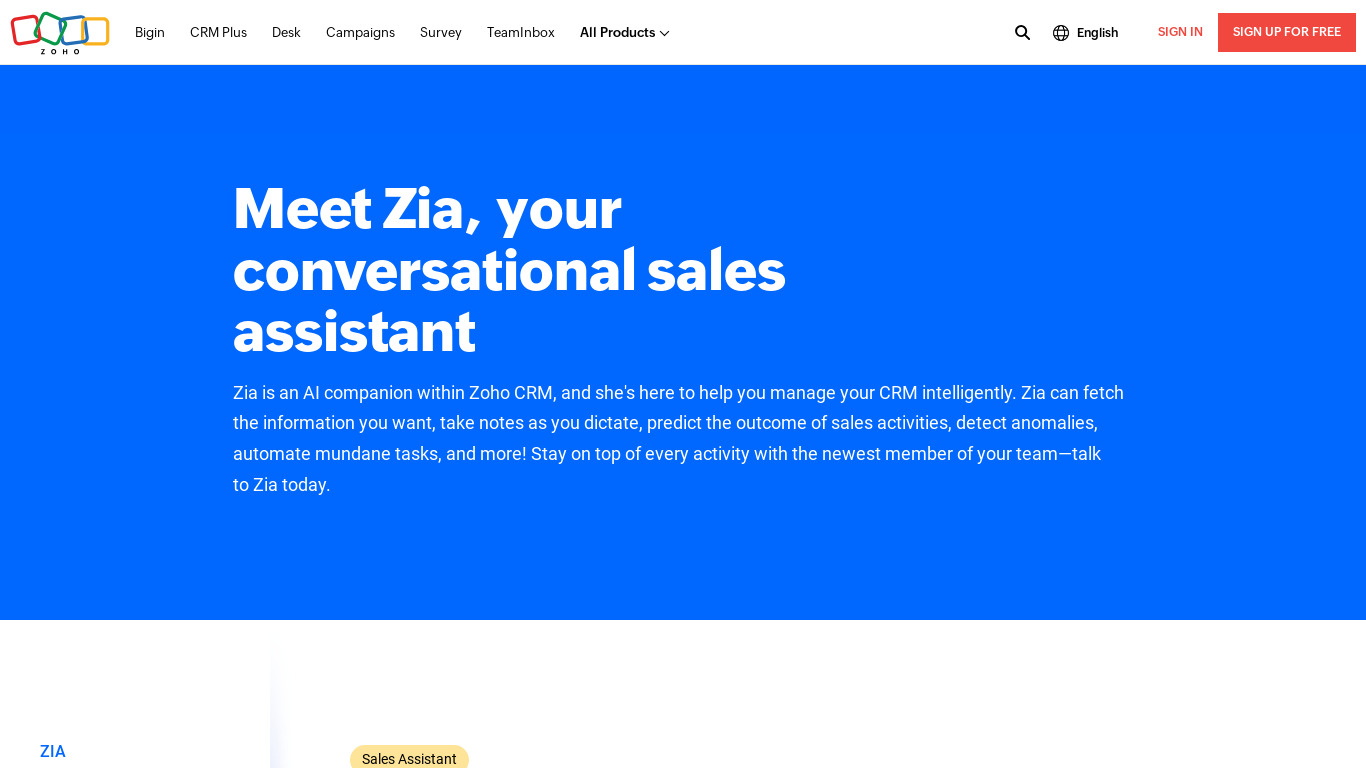 Zoho Zia Landing page