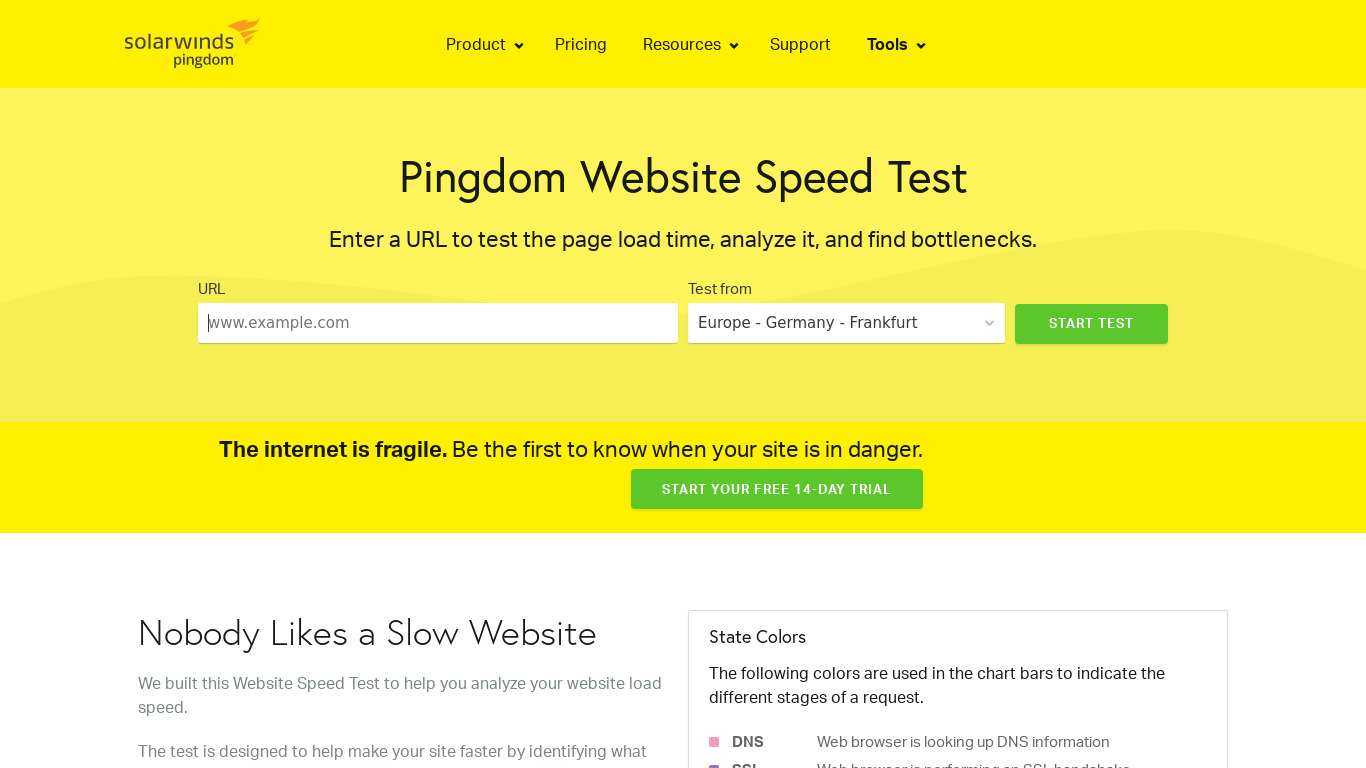 Website Speed Test by Pingdom Landing page