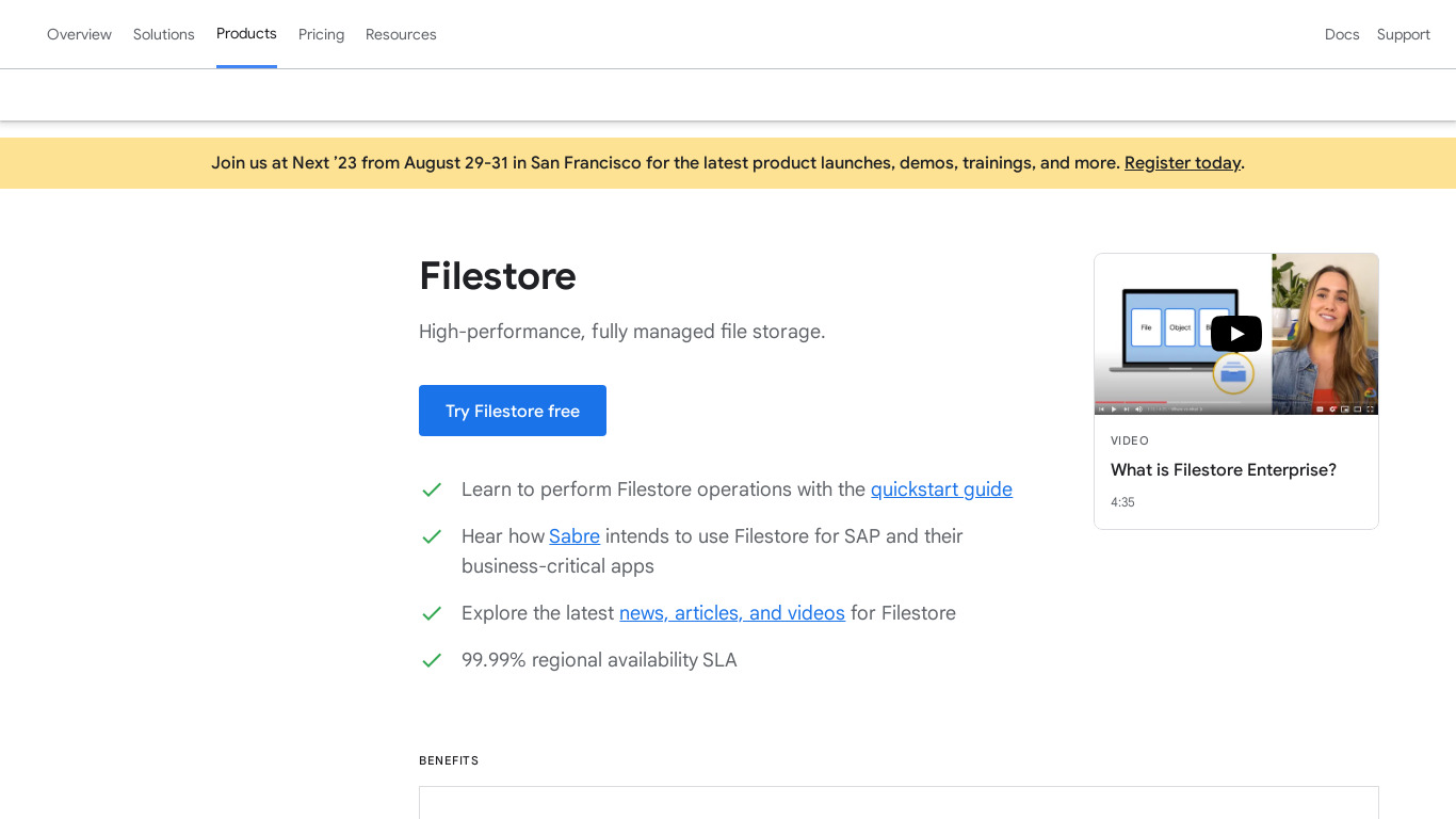 Google Cloud Filestore Landing page
