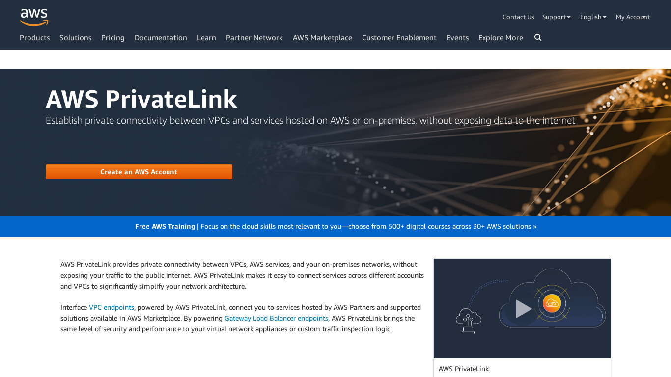 Amazon VPC PrivateLink Landing page