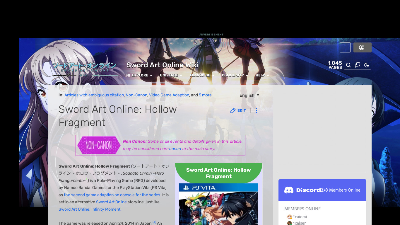 Sword Art Online: Hollow Fragment Landing page
