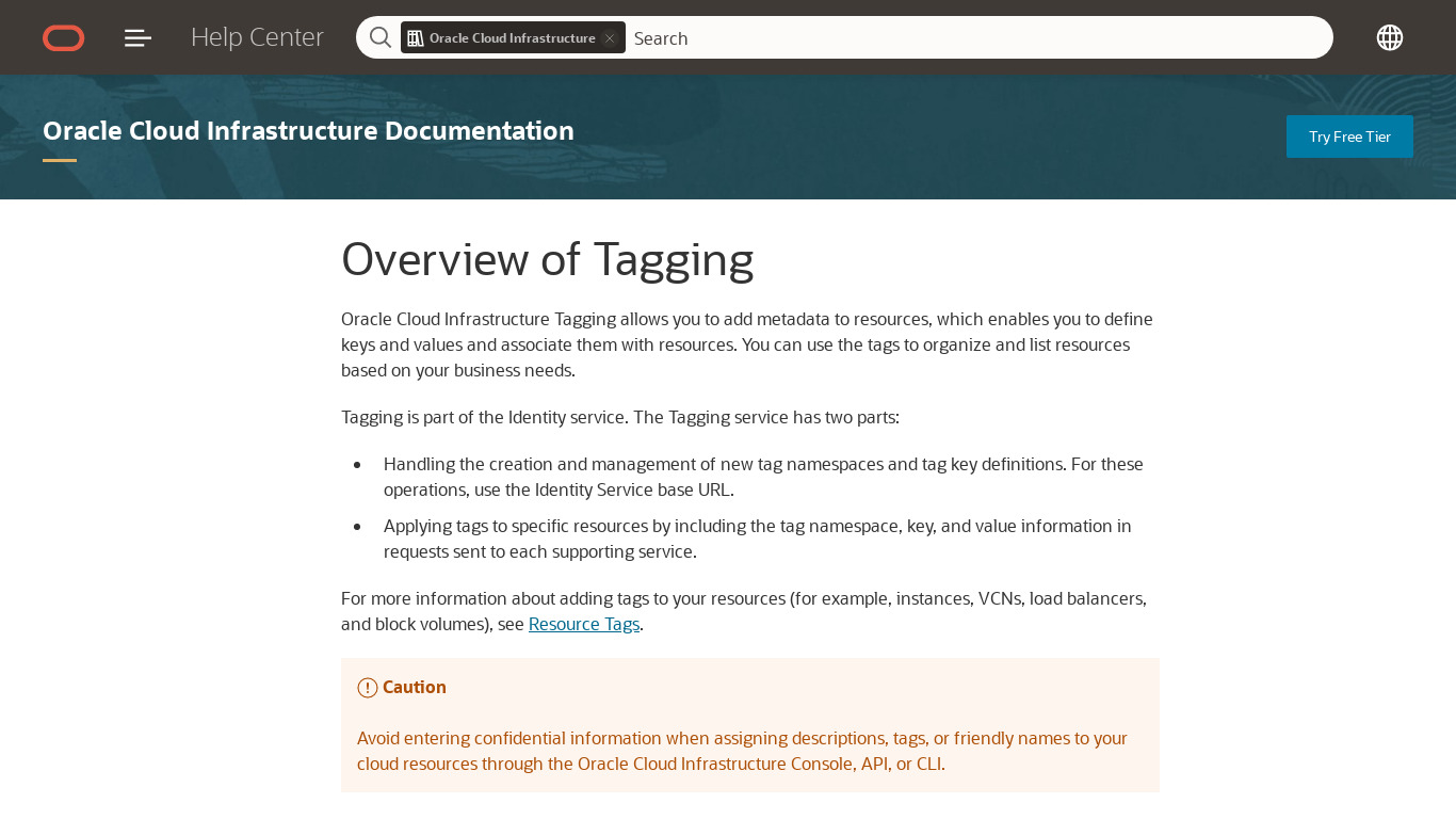Oracle Cloud Infrastructure Tagging Landing page