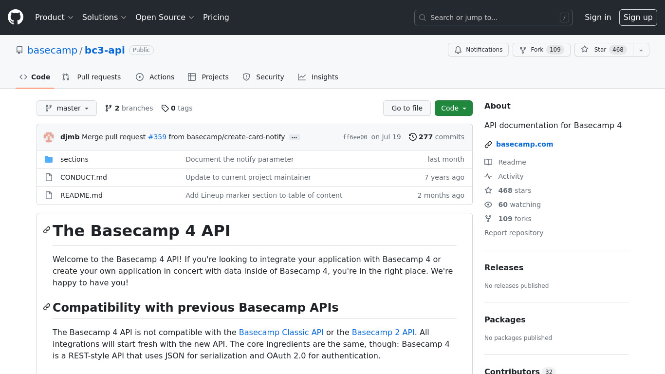 Basecamp 3 API Landing page