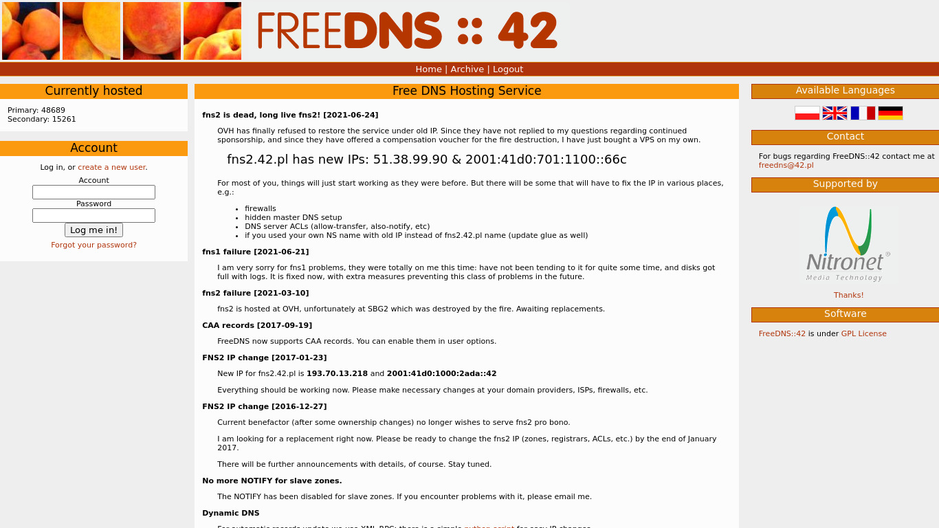 FreeDNS::42 Landing page