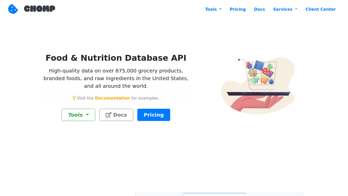 Chomp Food & Nutrition Database Landing page