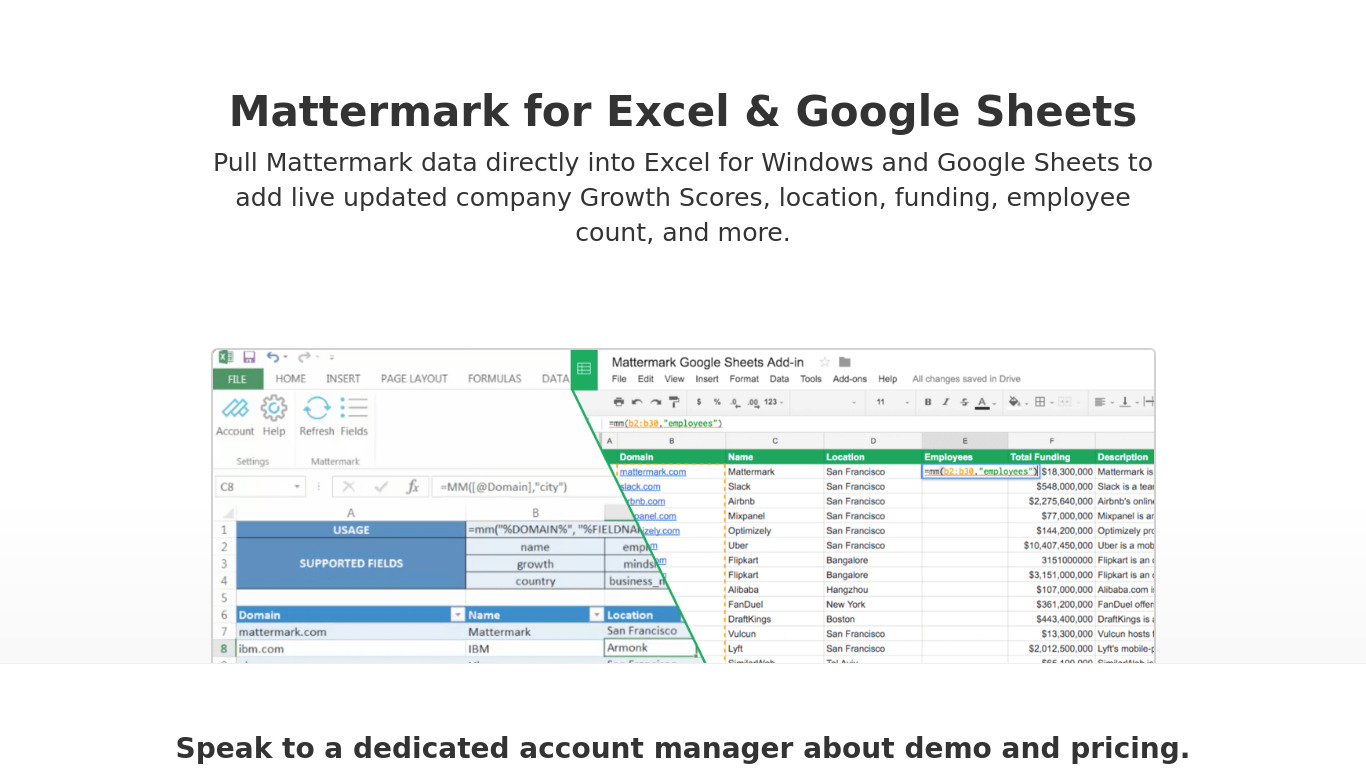 Mattermark for Excel Landing page