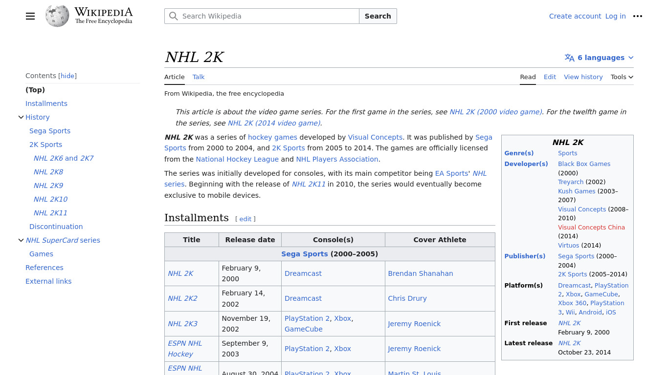NHL 2K Landing page