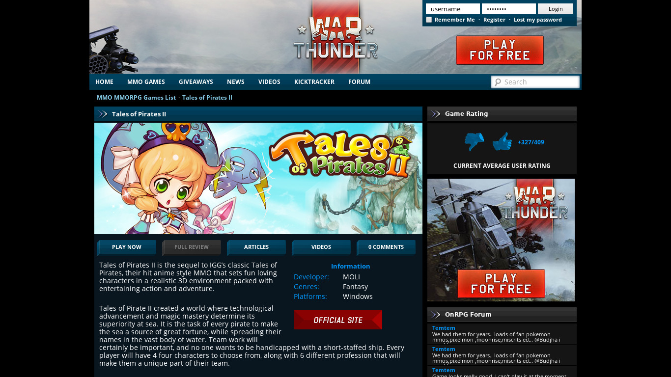 Tales of Pirates II Landing page