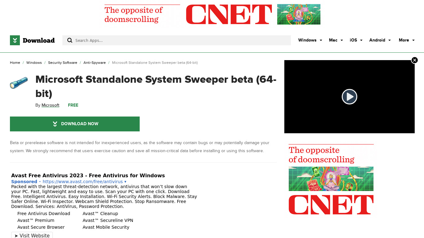 Microsoft Standalone System Sweeper Beta Landing page