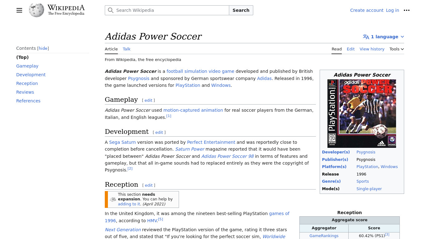 Adidas Power Soccer Landing page