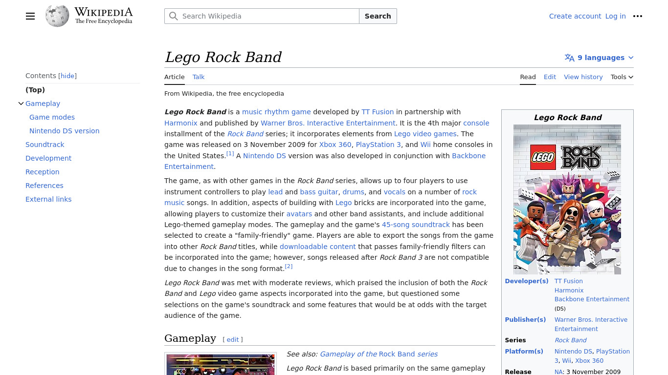 Lego Rock Band Landing page