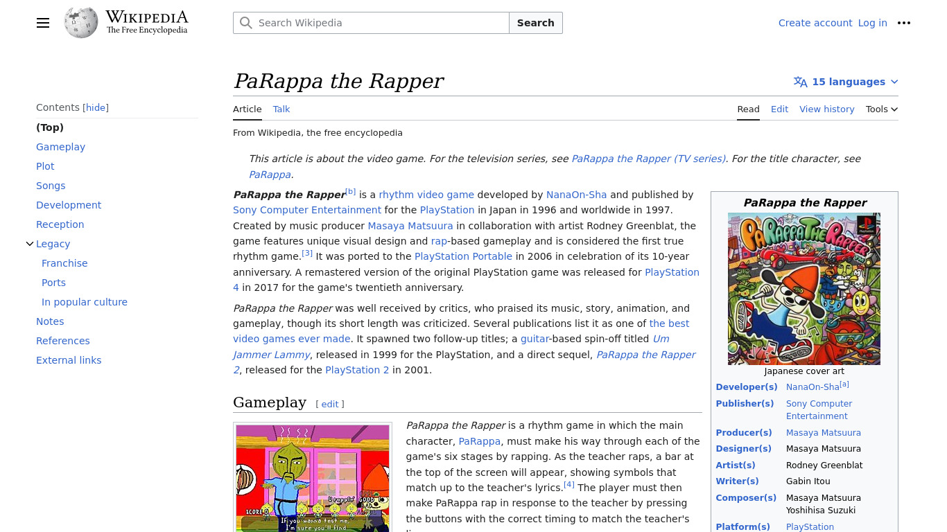 PaRappa the Rapper Landing page