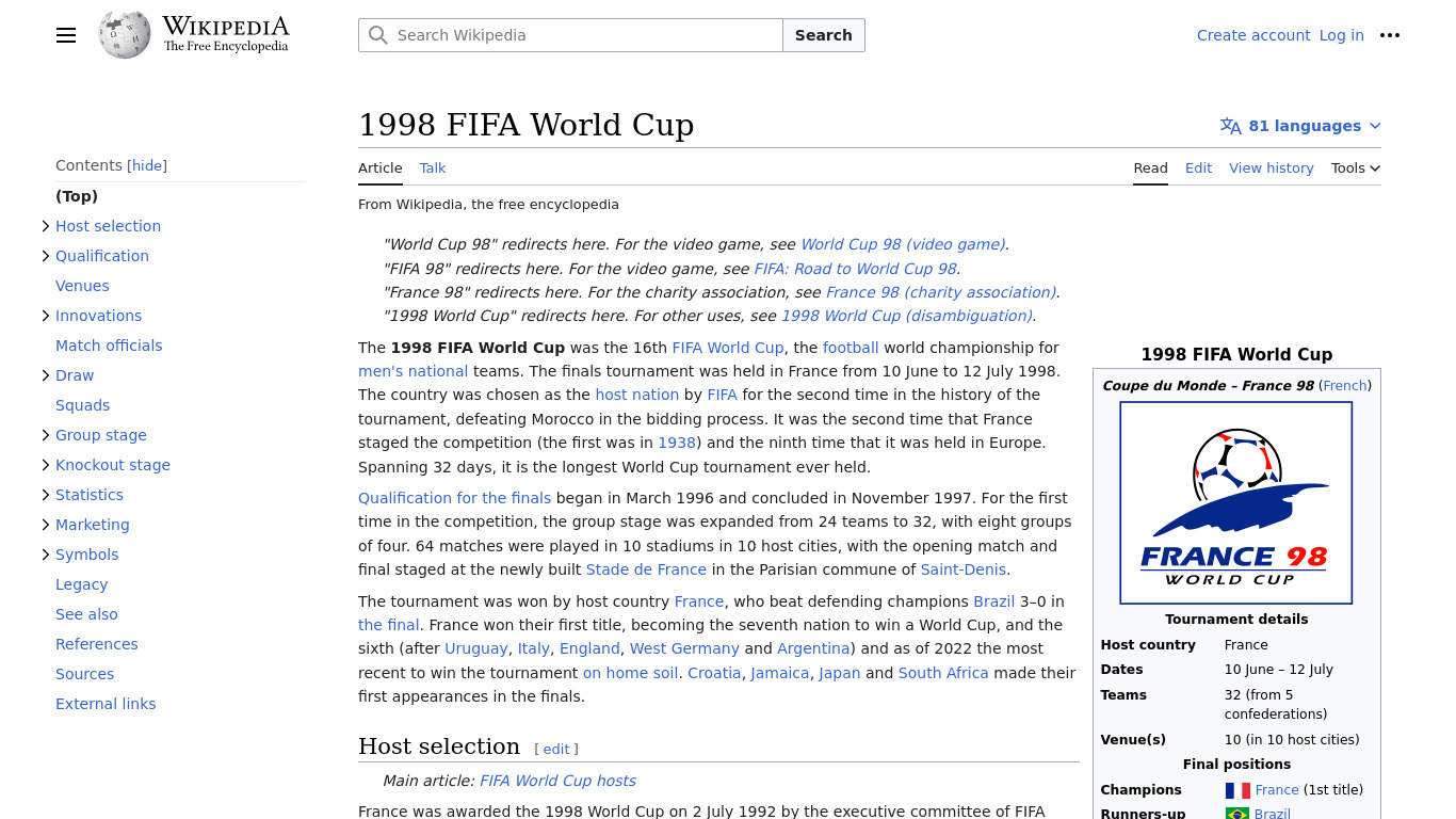 World Cup 98 Landing page