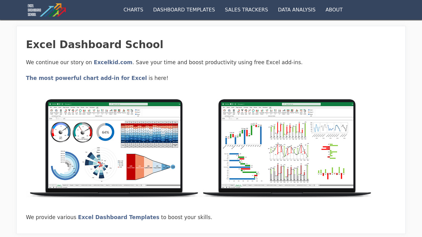 Excel Dashboard School Landing page