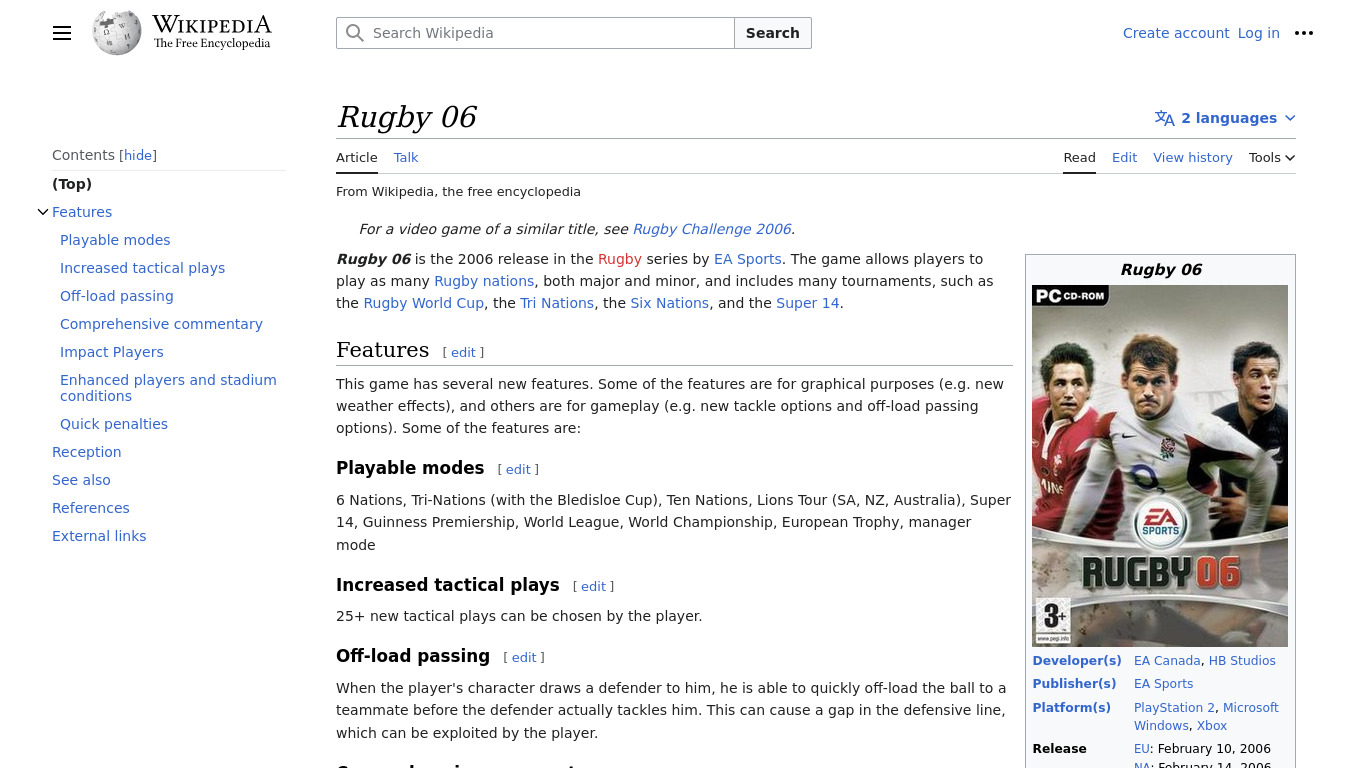 Rugby 06 Landing page
