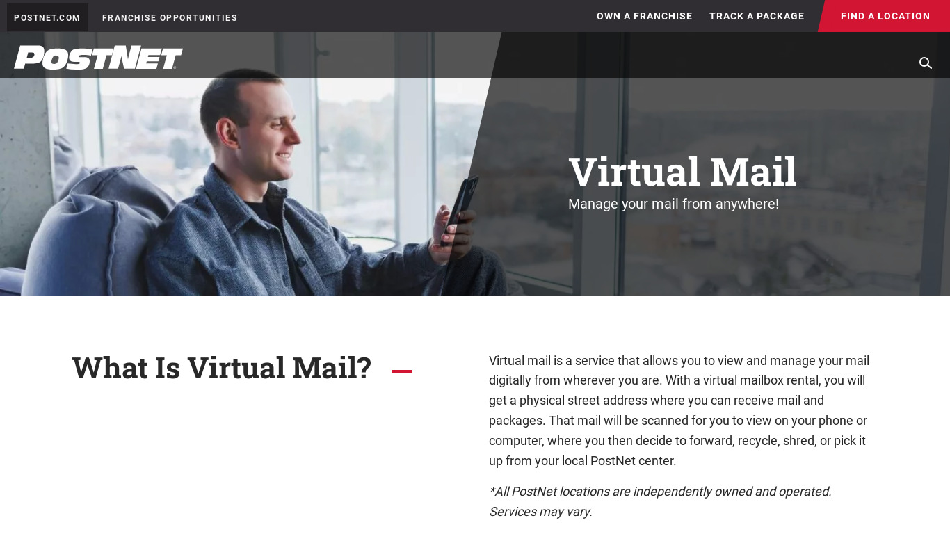 PostNet Virtual Mail Landing page