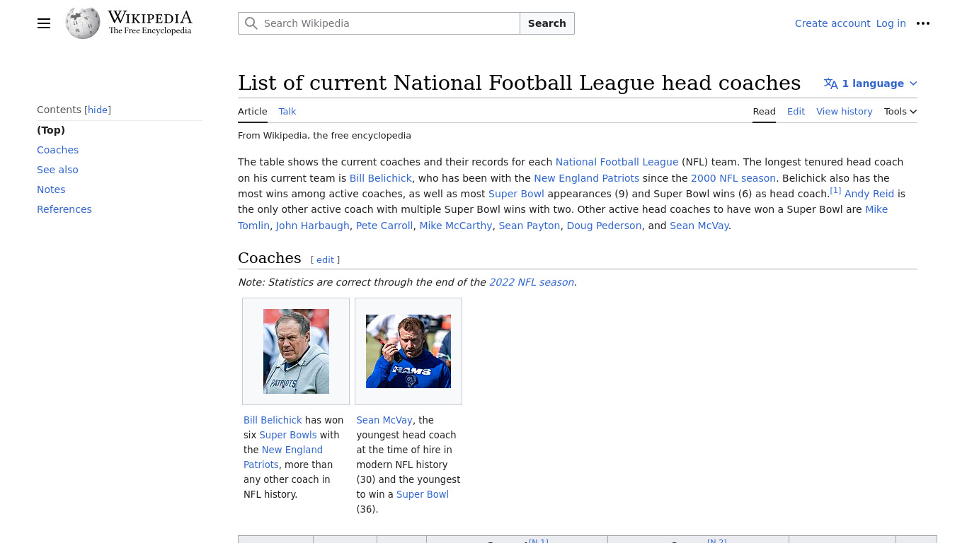 NFL Head Coach Landing page