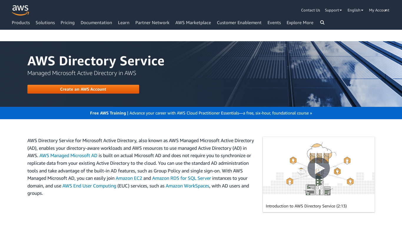 AWS Directory Service Landing page