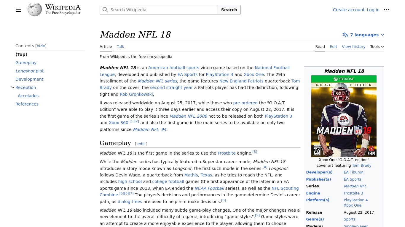 Madden NFL 18 Landing page