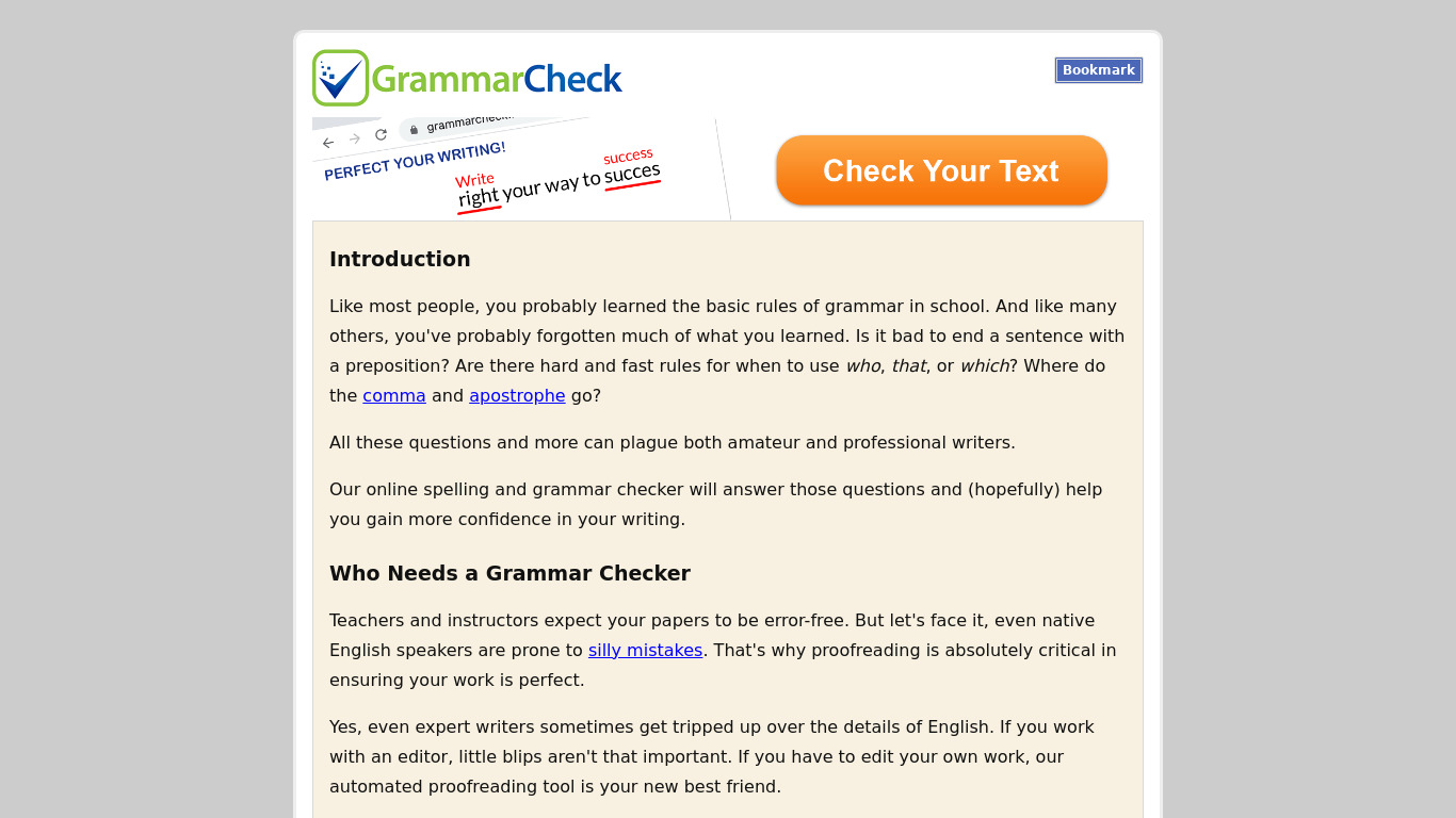 GrammarCheck Landing page