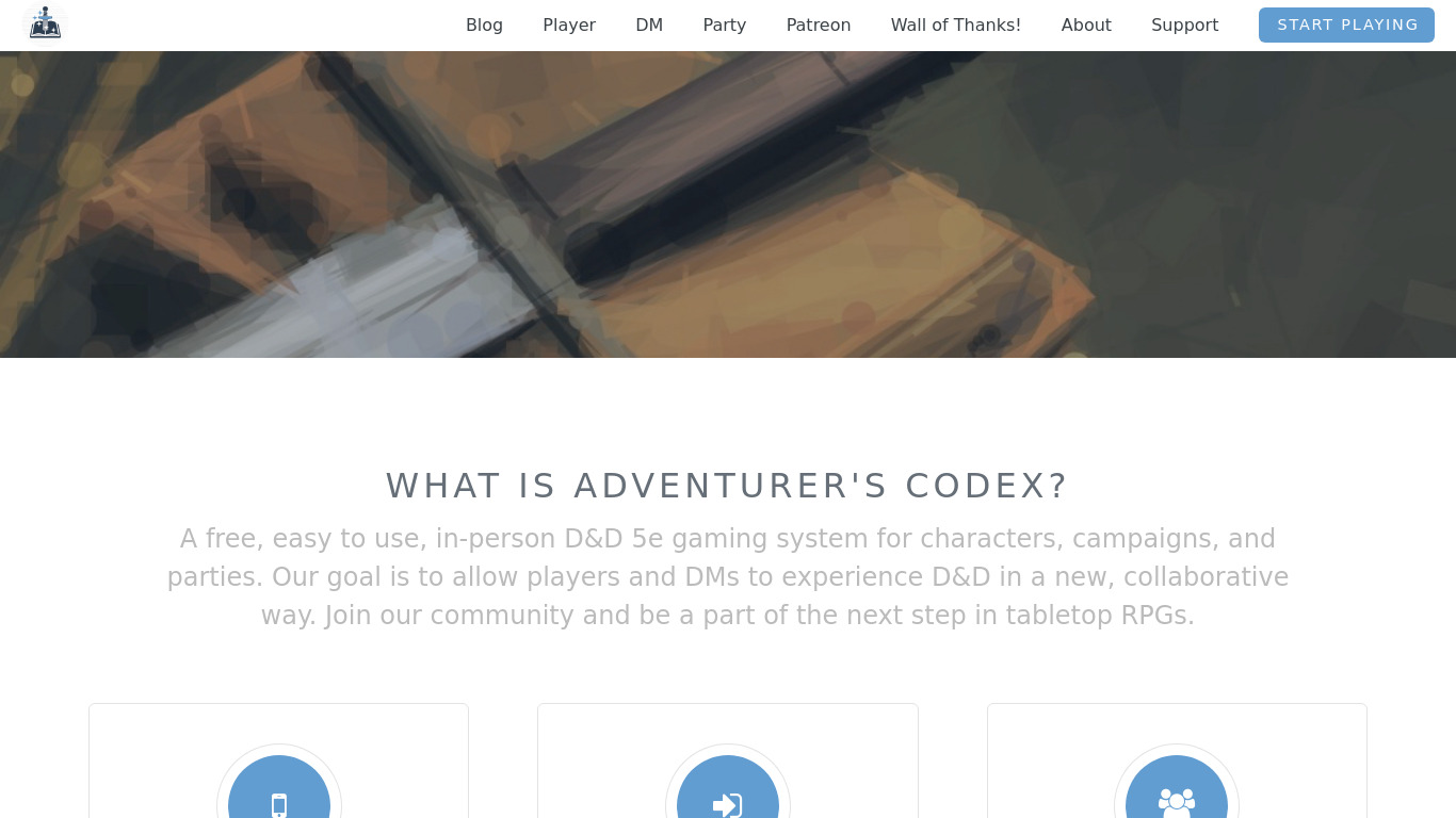 Adventurer's Codex Landing page
