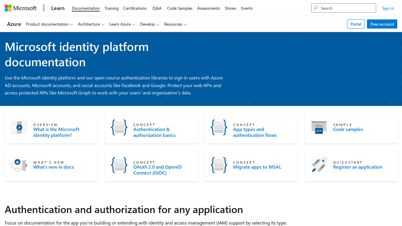 Azure Active Directory for Developers Landing page