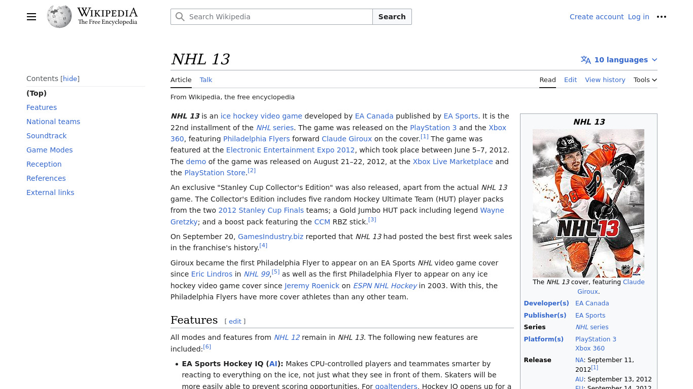 NHL 13 Landing page