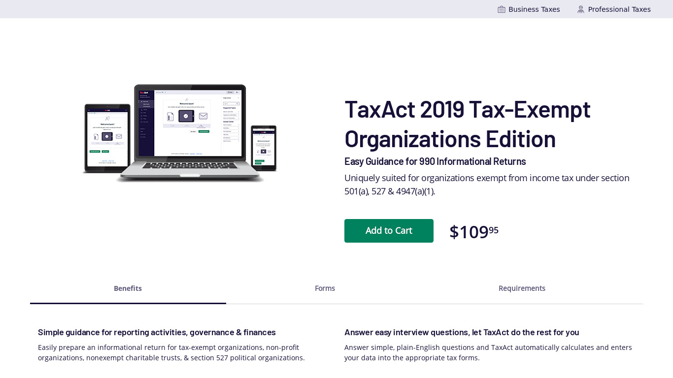 TaxAct Tax-Exempt Organizations Edition Landing page