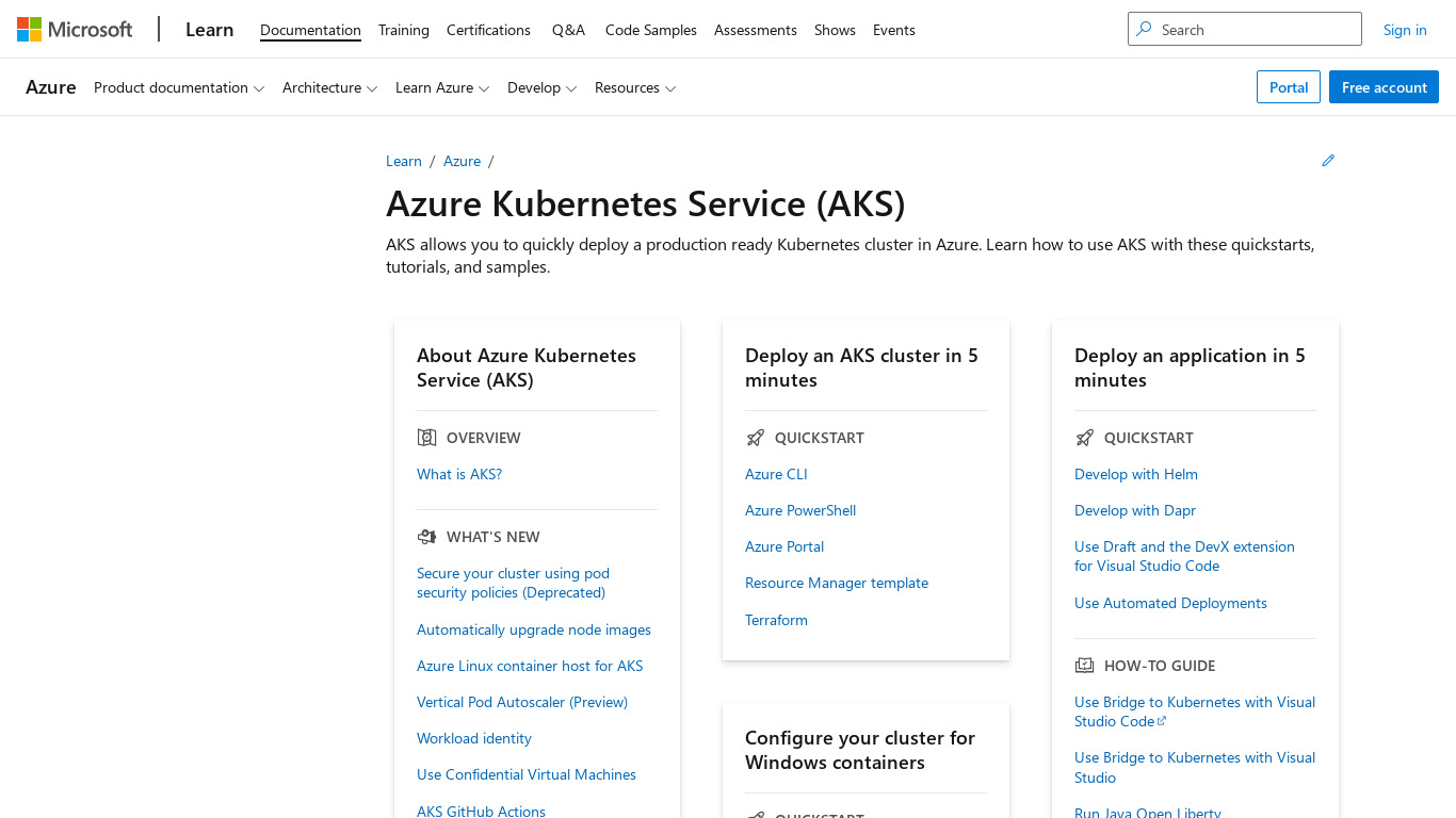 Azure Kubernetes Service (AKS) Landing page