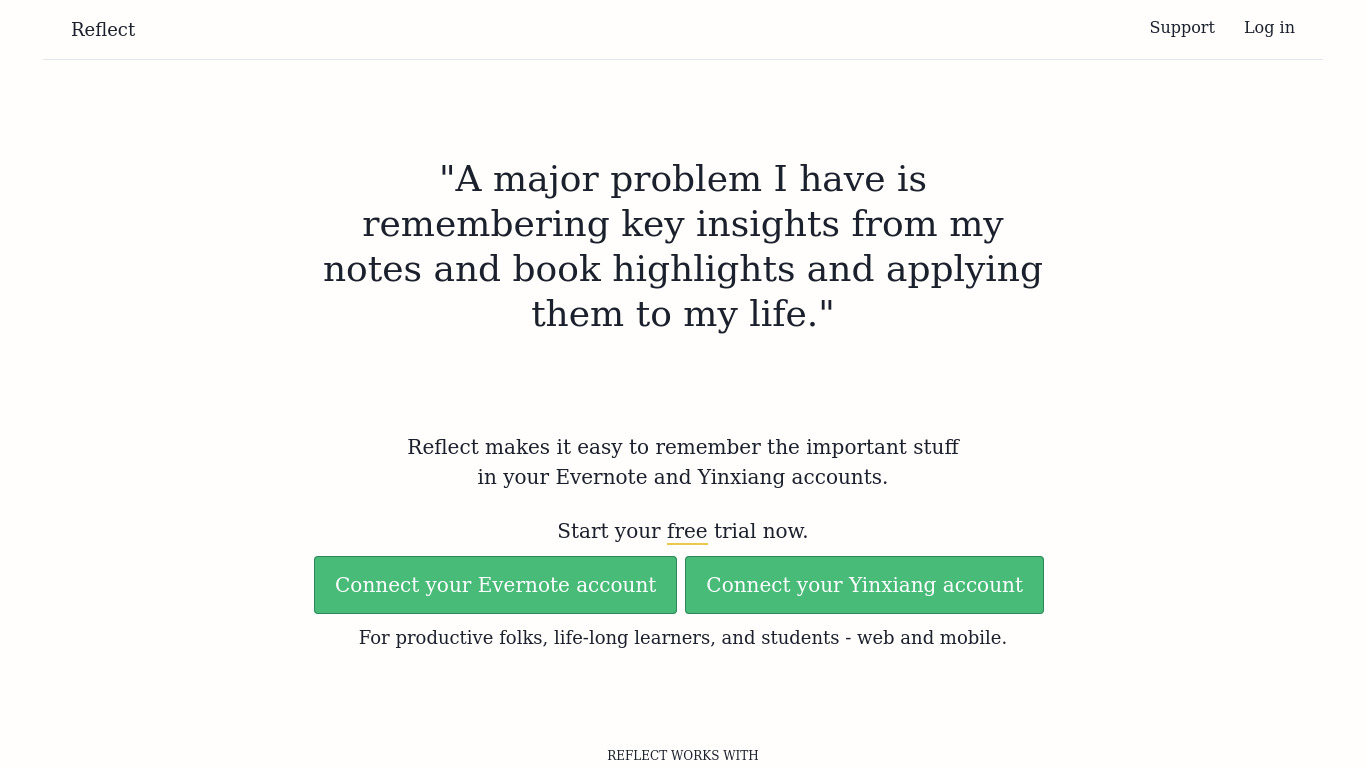 Reflect App for Evernote Landing page