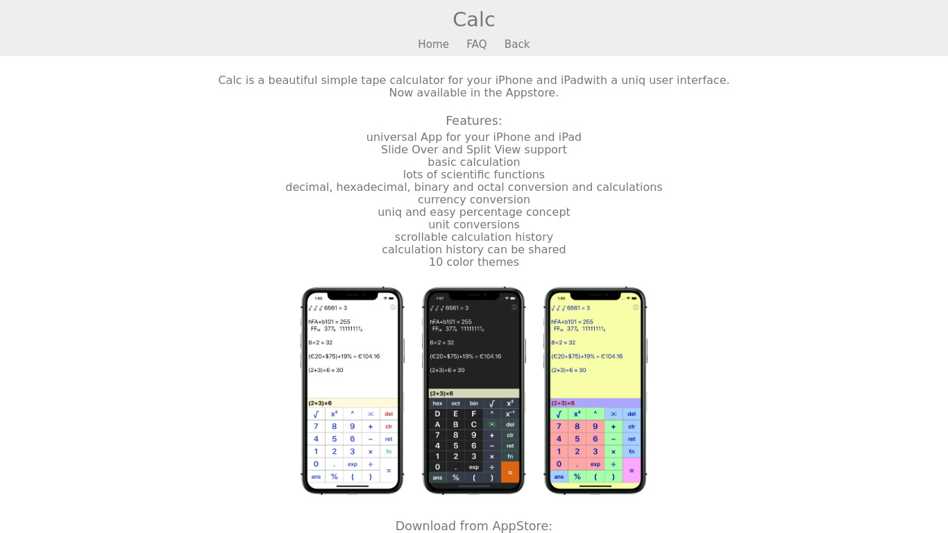 Calc iOS App Landing page
