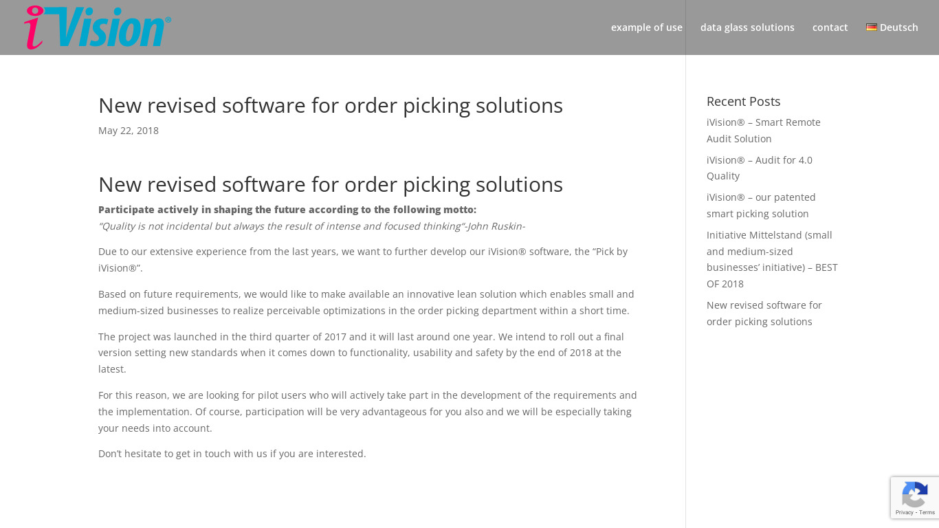 iVision Order Picking Landing page