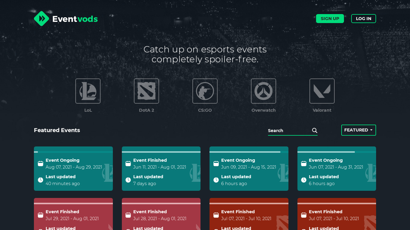 Eventvods - esports on demand Landing page