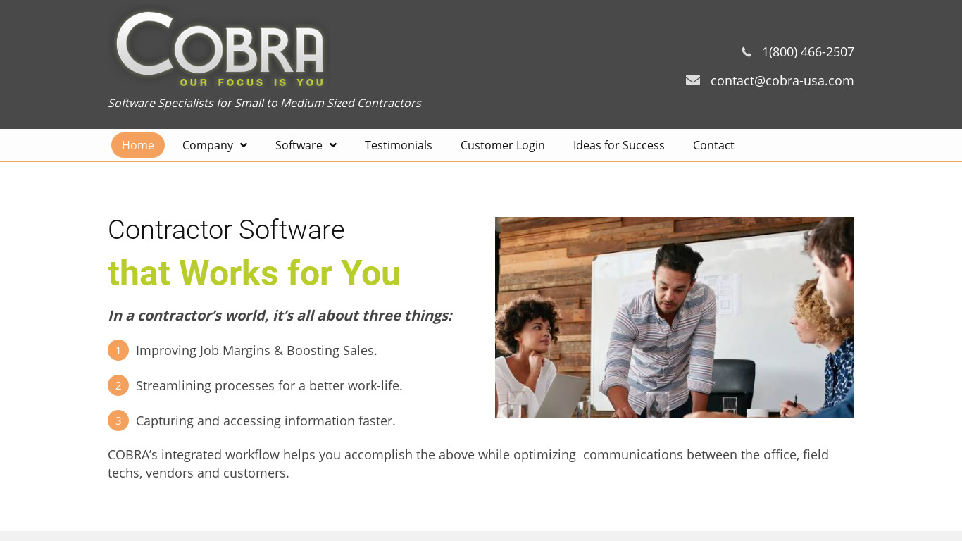COBRA Contractors Software Landing page