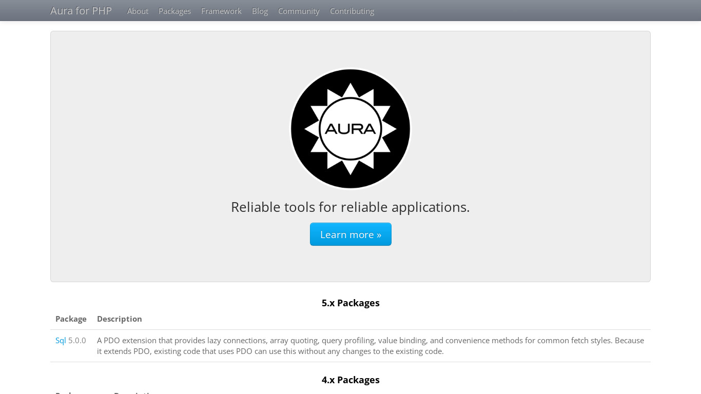 Aura for PHP Landing page
