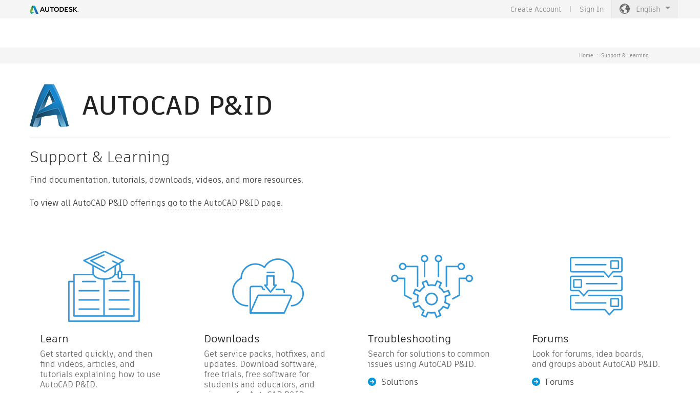 knowledge.autodesk.com AutoCAD P&ID Landing page