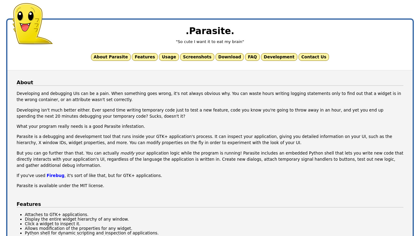Parasite Debugger Landing page