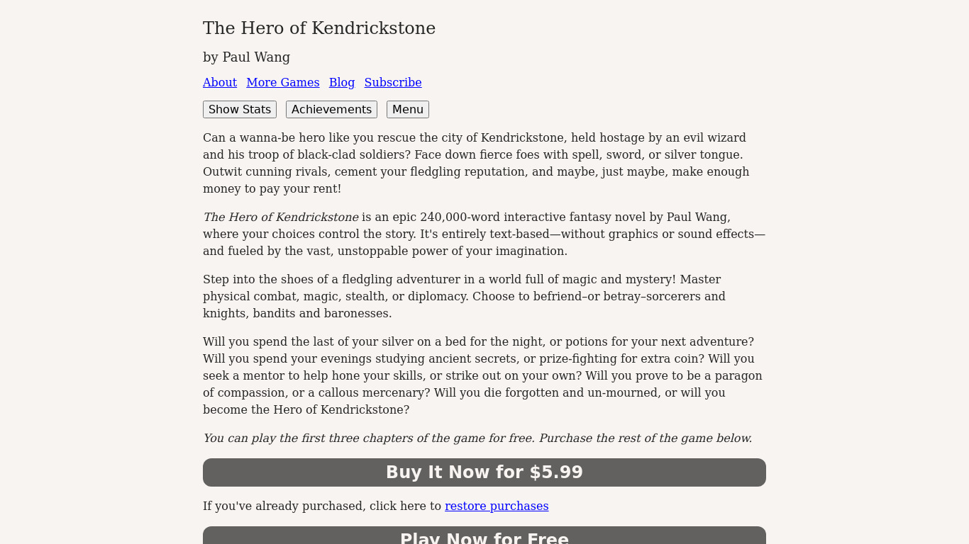 Hero of Kendrickstone Landing page