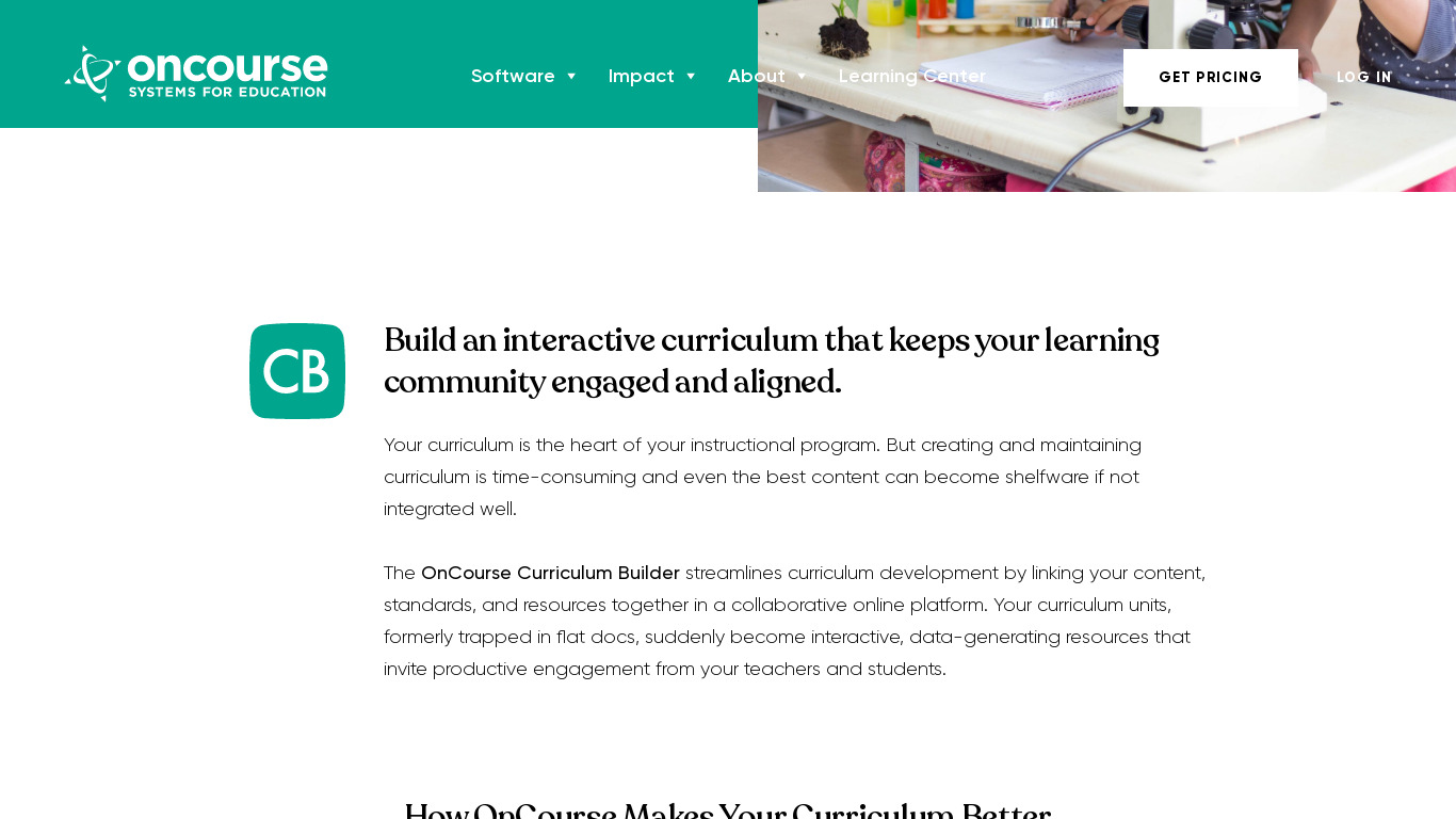OnCourse Curriculum Builder Landing page