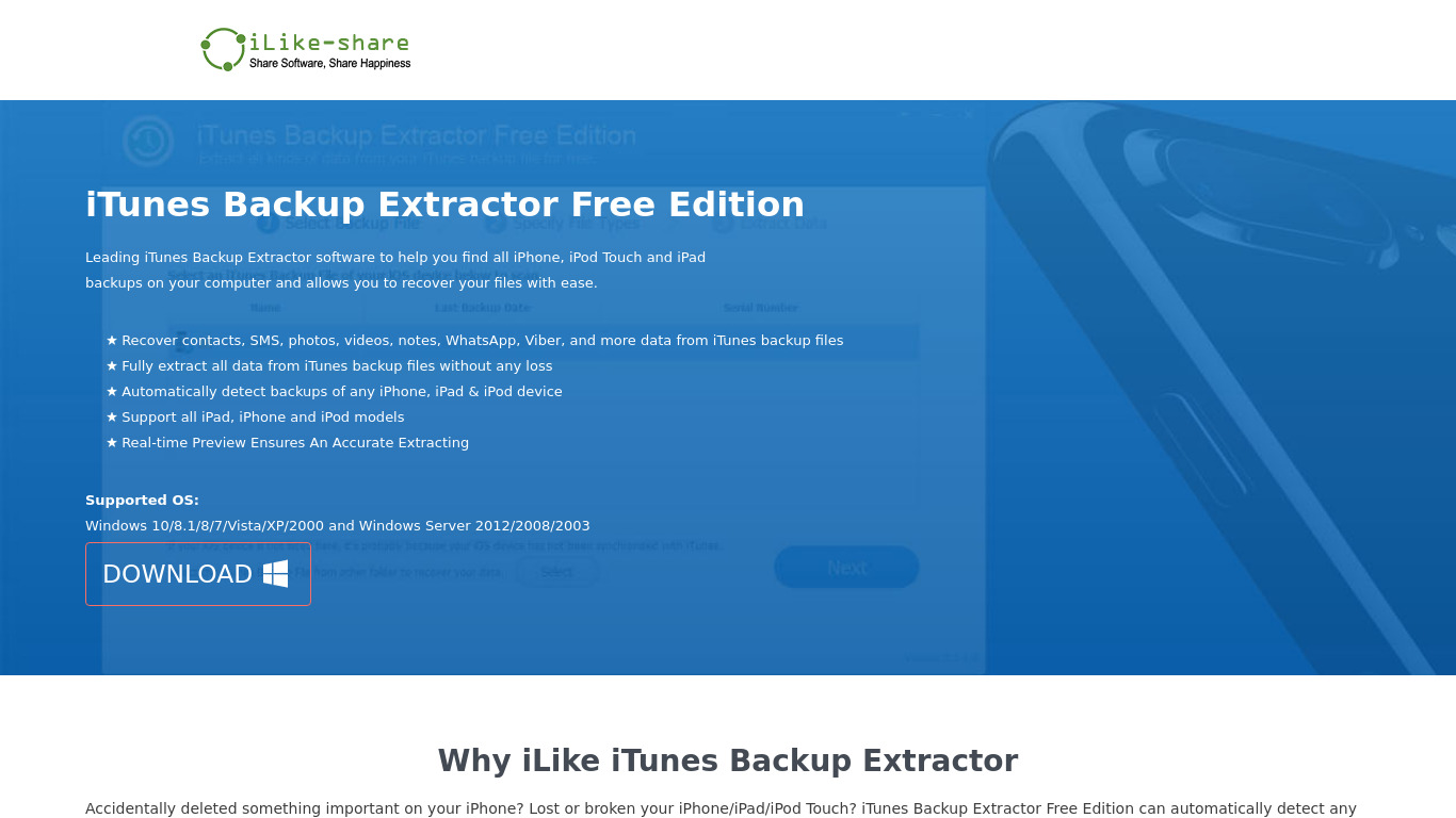 iTunes Backup Extractor Free Edition Landing page
