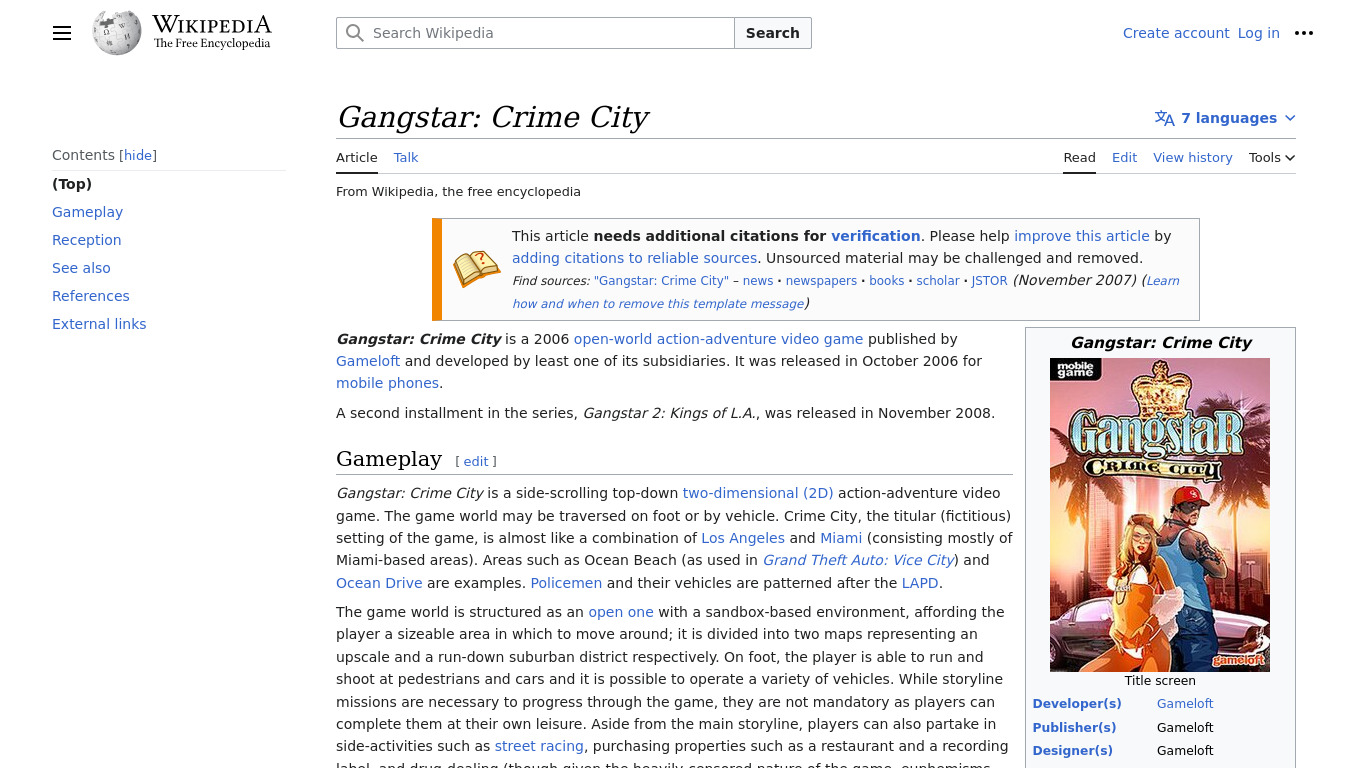 Gangstar: Crime City Landing page