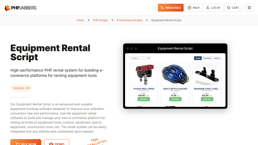 PHPjabbers Equipment Rental Software Landing Page
