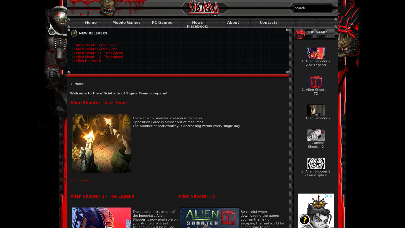 Alien Shooter Landing page